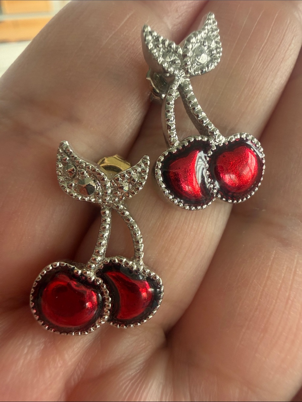 Red Cherry Drop Earrings - Silver Tone - Avon